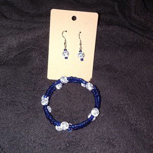 Blue Glass and China Ceramic Beaded Wrap Bracelet and Earring Set Handmade
